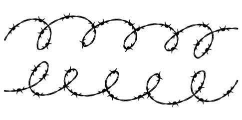 Horizontal Realistic Metal Steel Barbed Wire Elements Vector Illustration.	