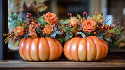 Decorative pumpkins with metallic finishes displaying intricate designs on a neutral background