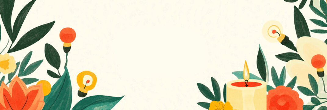 Vintage Diya Pattern Illustration: 1970s-inspired design featuring diyas in muted tones and central text space