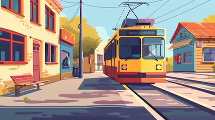 Obraz premium Yellow Tram Car in a City Street with Buildings