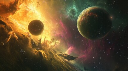 Obraz premium Planets and nebulae in space, a breathtaking view of swirling colors and glowing stars in the vastness of the universe