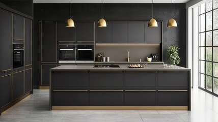 Modern kitchen with chocolate-colored cabinetry, brass accents, and warm ambient lighting   elegant kitchen, rich tones