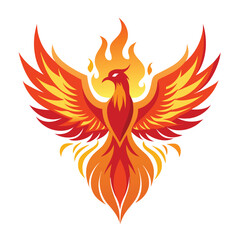 A phoenix rising from flames against a whit background
