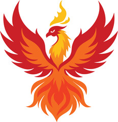A phoenix rising from flames against a whit background