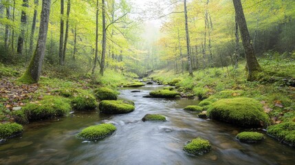 Obraz premium Tranquil Woodland Stream Surrounded by Lush Greenery and Sunlit Canopy, Inviting Natures Serenity and Peaceful Reflection in a Picturesque Forest Setting