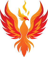 A phoenix rising from flames against a whit background