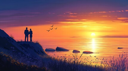 Obraz premium Silhouettes of a Couple Watching the Sunset Over the Ocean