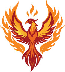 A phoenix rising from flames against a whit background