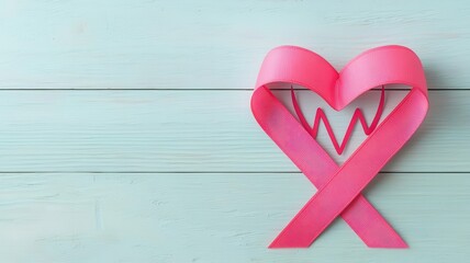Fototapeta premium Pink ribbon in the shape of a heartbeat, symbolizing life and survival in breast cancer awareness