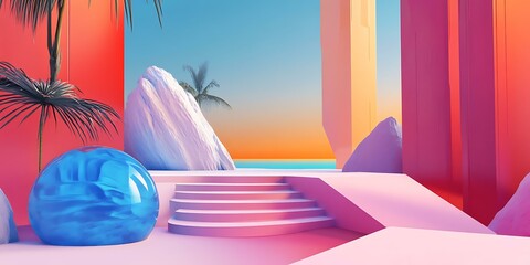 Abstract 3D Illustration of Tropical Island with Pink and Blue Colors