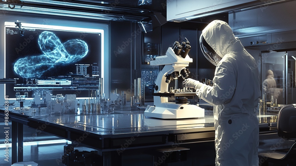 Poster a scientist in a lab coat examines samples under a microscope in a high-tech laboratory, featuring d