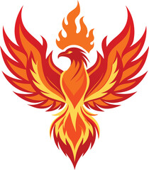 A phoenix rising from flames against a whit background