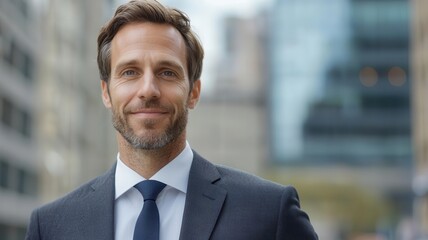 Fototapeta premium Professional in a tailored suit standing proudly outdoors, corporate buildings behind, confident gaze urban business, professional success