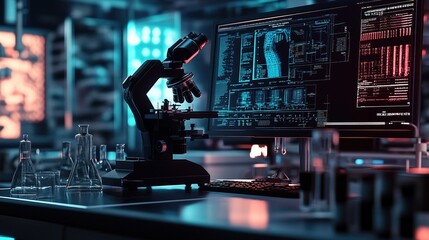 A high-tech laboratory scene featuring a microscope and computer screens displaying scientific data and graphs.