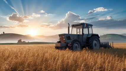 Fototapeta premium A serene landscape featuring a tractor in a field at sunrise, highlighting agricultural life and nature's beauty.