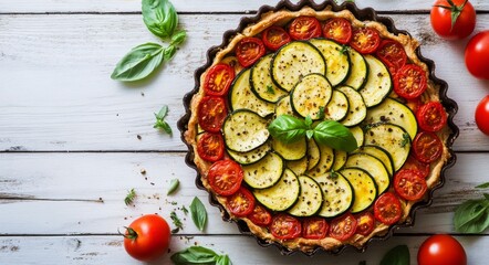 Colorful vegetable tart with zucchini and tomatoes on a rustic wooden table