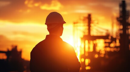 Silhouette of an engineer in a hard hat, giving orders to crew during sunset, blurred industrial background.