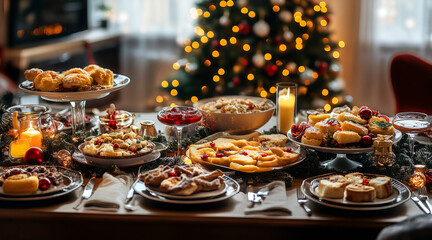Christmas dinner table full of dishes with food and snacks. There is festive decor in the background. The table is decorated with fir branches and garland