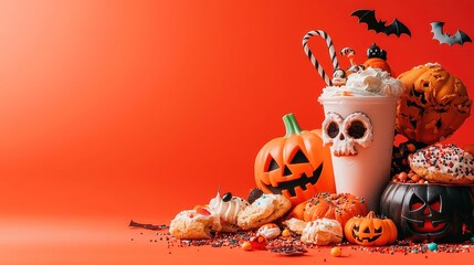 Halloween Celebration Flat-lay, showcasing vibrant costume accessories, festive pumpkin cookies, whimsical sprinkles, ideal for seasonal promotions and event announcements.