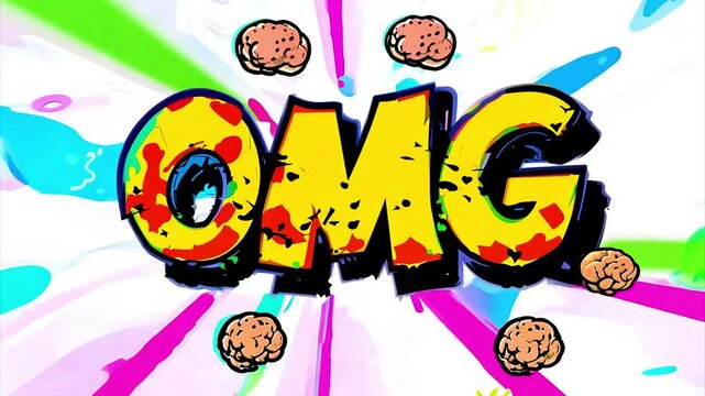 OMG text, my brain is exploding concept, cartoon comic style background.
