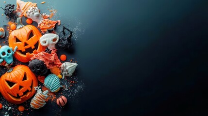 Halloween Treats Display, a flat-lay arrangement of Jack-o'-lantern cookies, eerie masks, and spooky icing on a dark backdrop, perfect for festive promotions and invitations.