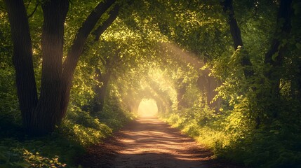 Obraz premium Enchanting Sunlit Pathway Through Lush Forest Landscape