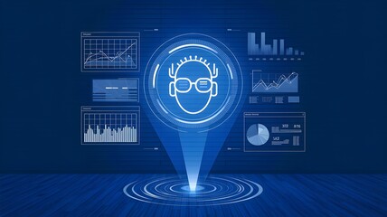 A blue screen with a man's face and glasses on it