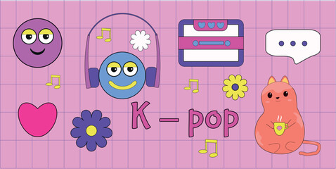 set of y2k, k-pop stickers for web design, print. Vector illustration