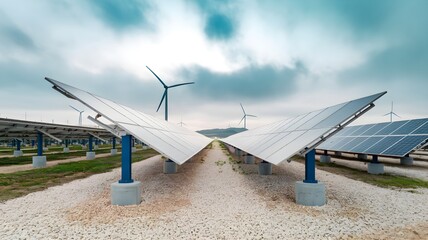 A field of solar panels with a wind turbine in the middle