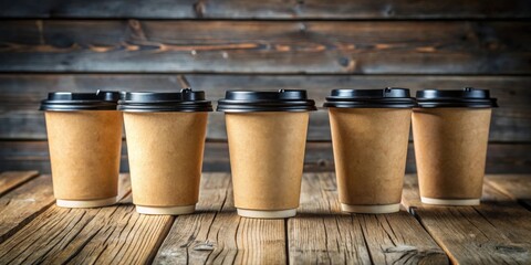 Naklejka premium Five carton paper cups with black caps in row on rustic wooden table bottom view