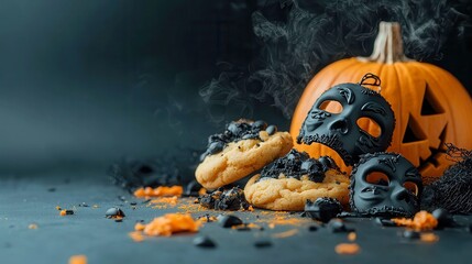 Halloween Treats Display, a flat-lay arrangement featuring spooky pumpkin cookies, festive masks, dark frosting, inviting atmosphere with space for creative text additions