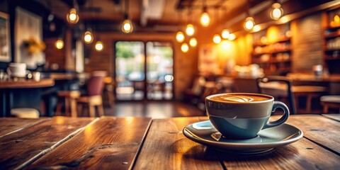 Espresso coffee cup on wooden table in cozy cafe with background blur of coffee shop