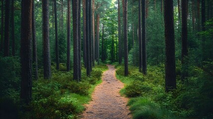 Naklejka premium Narrow Winding Trail Through Towering Pine Forest Landscape