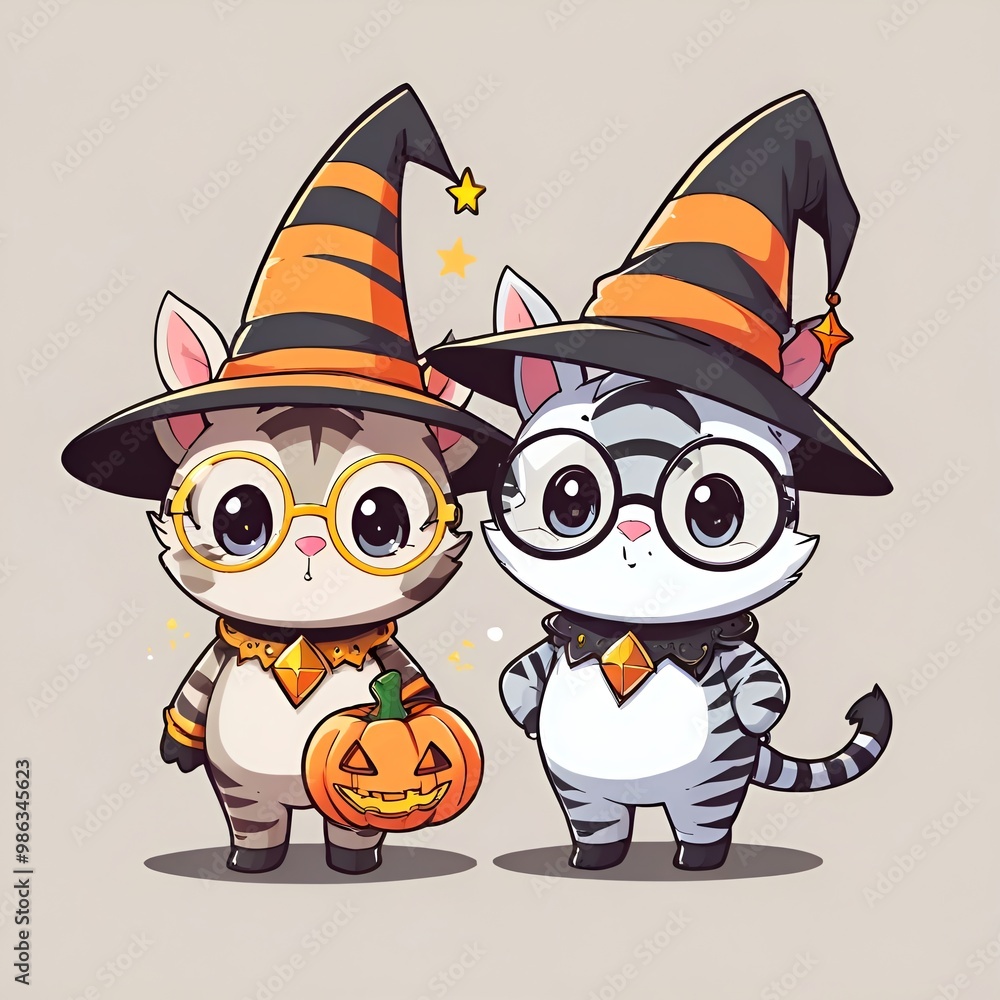 Poster Two Cute Cats in Witch Hats