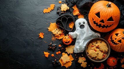 Halloween Celebration Setup, a flat-lay scene featuring bat-shaped cookie cutters, costume props, ghost decorations on a rustic black wooden table, ample space for creative text.