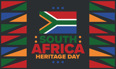 South Africa Heritage Day. Happy holiday. Celebrate culture and traditions of nation. South African flag. Poster with illustration. Pattern design. Vector