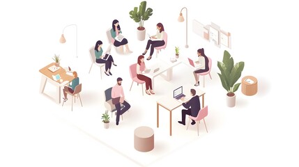 Isometric vector illustration of people in an office, working together at tables and desks, against a white background.
