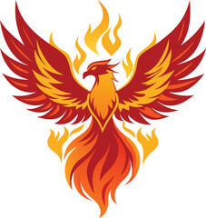 A phoenix rising from flames against a whit background