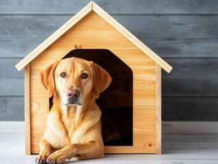 Cozy wooden doghouse with a large, open entrance, soft interior, and natural wood finish, comfortable kennel, luxury doghouse