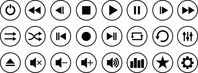 Media player flat icons set. Collection of multimedia symbols isolated on transparent background. Audio, volume, interface, design media player buttons. Play, pause, stop, record, forward, rewind. © Mon Amour