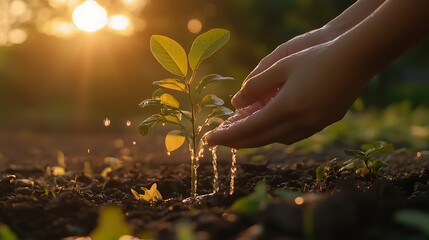 Fototapeta premium A person watering a young plant in soil during sunset, symbolizing growth and care for the environment.