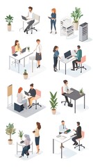 Obraz premium Isometric vector illustration of people in an office, working together at tables and desks, against a white background.