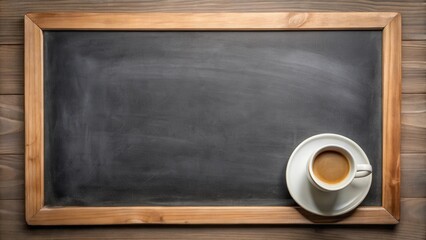 Blank blackboard with a coffee cup placed on top, perfect for adding text or designs