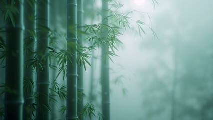 A misty bamboo grove with minimal stalks and leaves