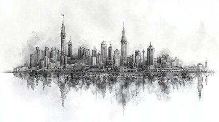 Obraz premium Mecca, Saudi Arabia, black and white pen pencil hand-drawn effect drawing illustration for travel poster, card, wallpaper, backdrop or banner. Modern, clear, artistic and simple