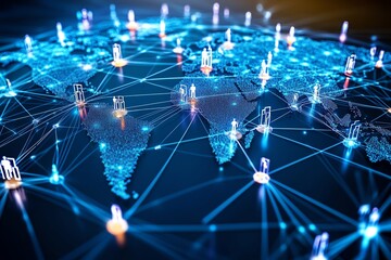 Digital world map with network connections.