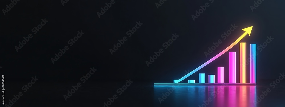 Poster neon bar graph with upward arrow on black background
