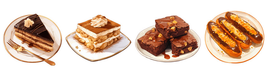 Set of various chocolate desserts. Illustration isolated on transparent background. Dessert and bakery concept. Clipart for cookbook, menu, and culinary advertising.