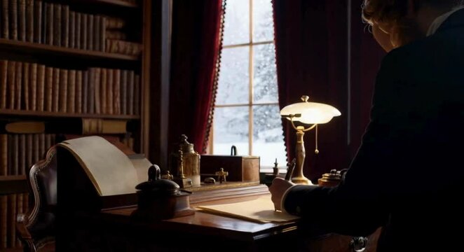  A Man Writing at a Desk in a Library with a Snowy View Outside the Window