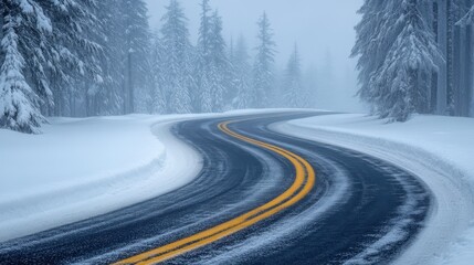 Obraz premium Winding Snowy Road Through Foggy Forest